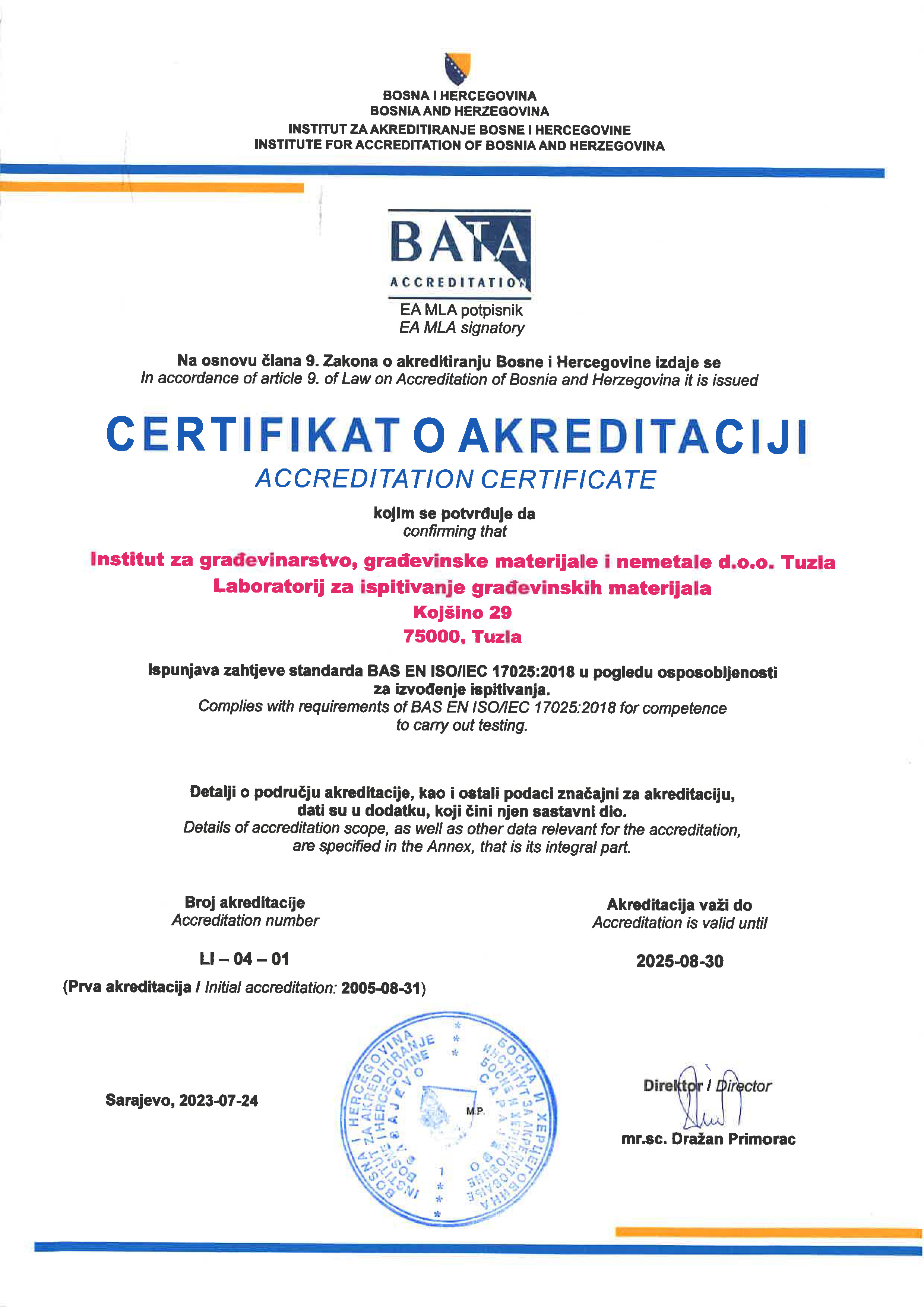 Certifikat o akreditaciji BAS EN ISO/IEC 17025:2006